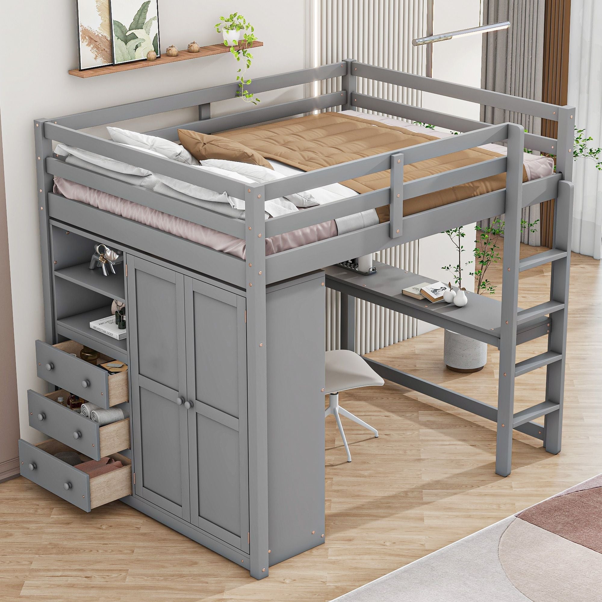 Full Size Wood Loft Bed with Built-in Wardrobe, Desk, and Storage, Gray | Just Better Bunk Beds - Front View