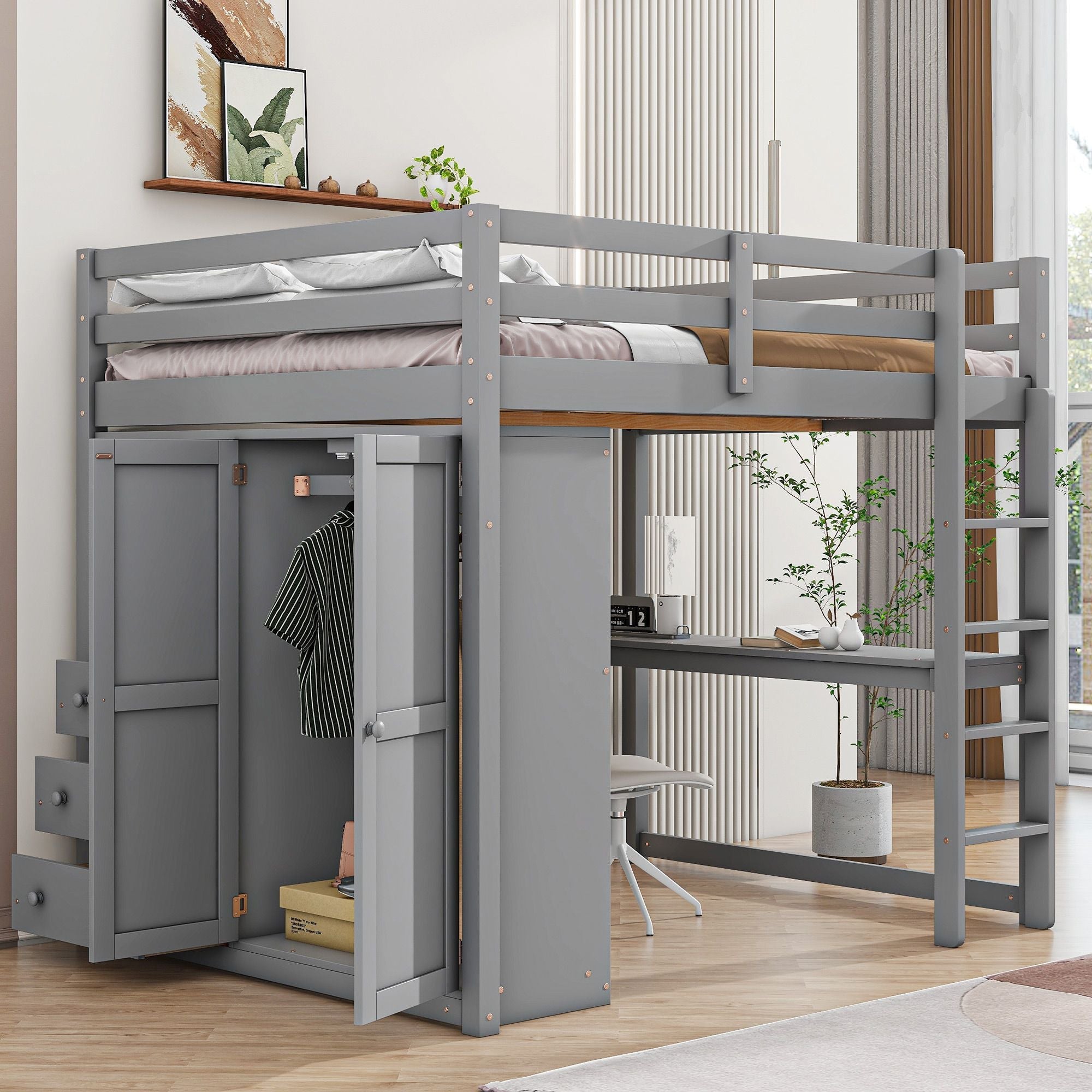 Full Size Wood Loft Bed with Built-in Wardrobe, Desk, and Storage, Gray | Just Better Bunk Beds - Side View