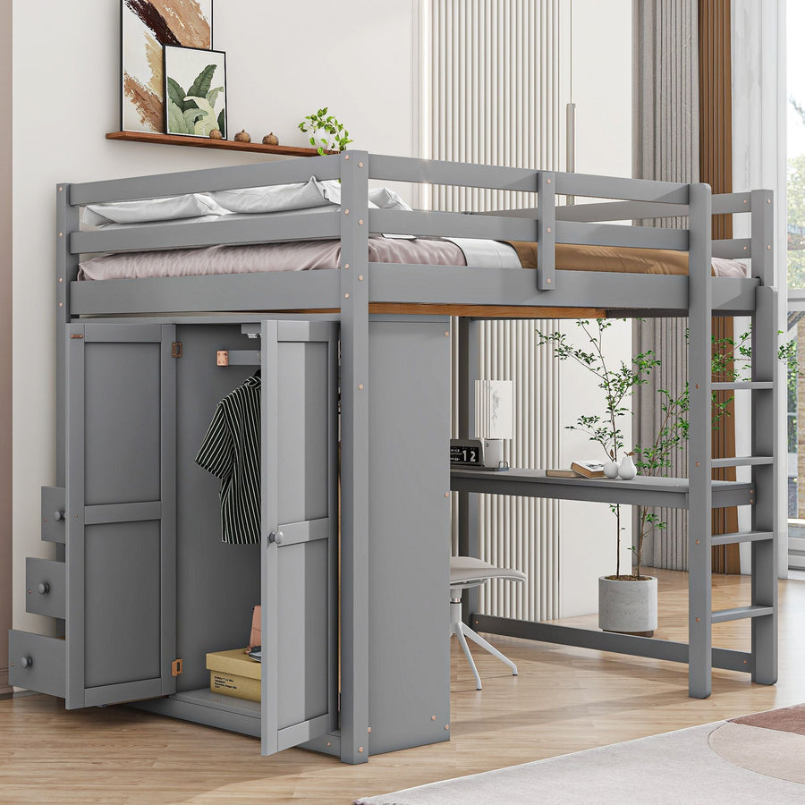 Full Size Wood Loft Bed with Built-in Wardrobe, Desk, and Storage, Gray | Just Better Bunk Beds - Side View