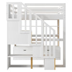 Full-Size Wood Loft Bed with Desk, Shelves, Drawers, Storage Staircase White and Natural | Just Better Bunk Beds - View 15