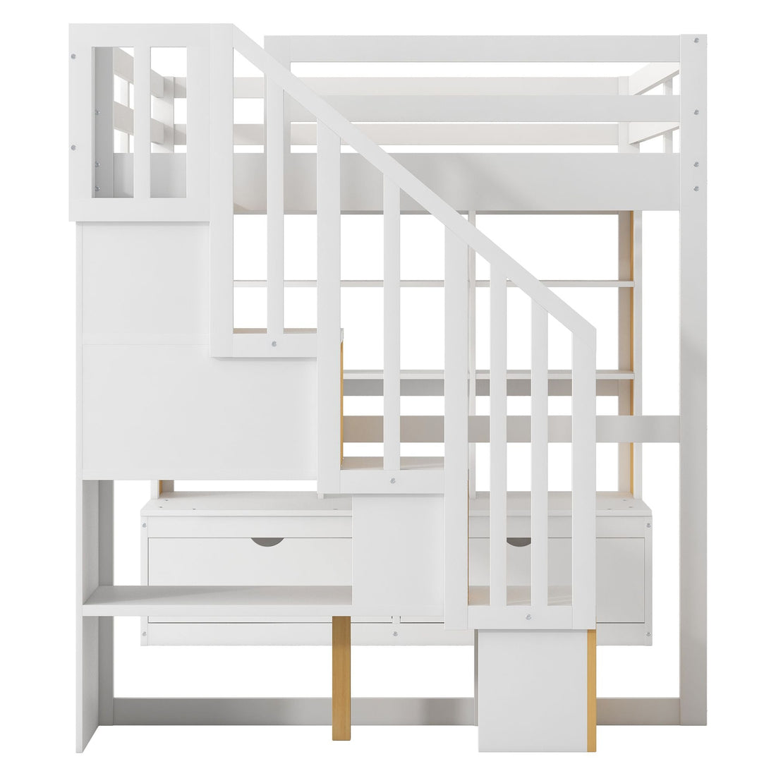 Full-Size Wood Loft Bed with Desk, Shelves, Drawers, Storage Staircase White and Natural | Just Better Bunk Beds - View 15