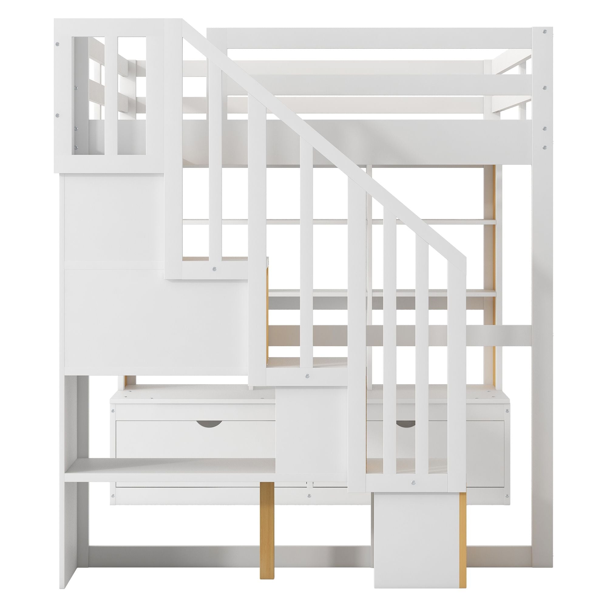 Full-Size Wood Loft Bed with Desk, Shelves, Drawers, Storage Staircase White and Natural | Just Better Bunk Beds - View 15