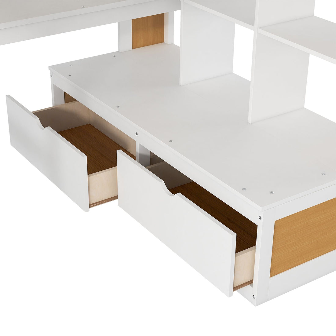Full-Size Wood Loft Bed with Desk, Shelves, Drawers, Storage Staircase White and Natural | Just Better Bunk Beds - View 13
