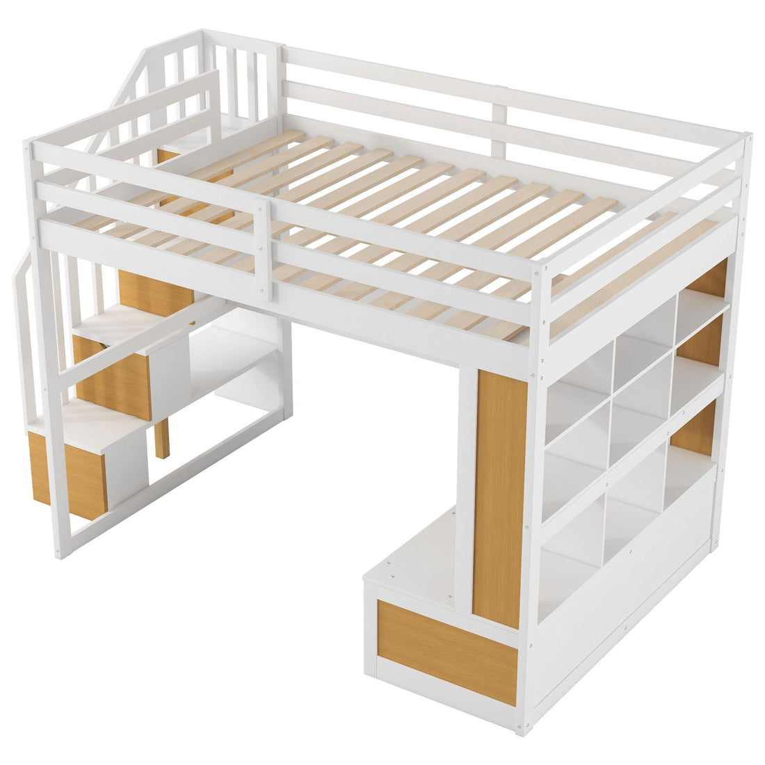Full-Size Wood Loft Bed with Desk, Shelves, Drawers, Storage Staircase White and Natural | Just Better Bunk Beds - View 17