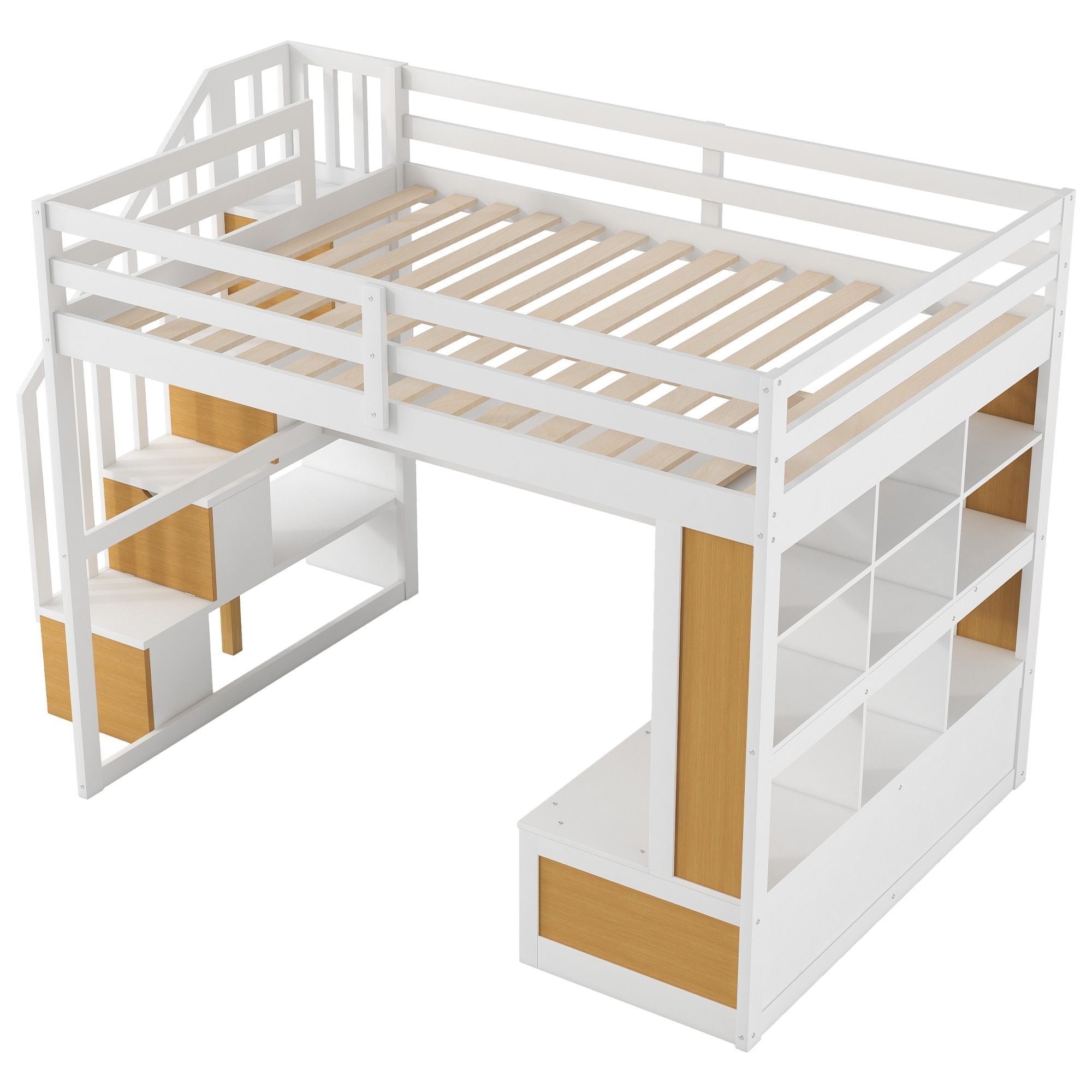 Full-Size Wood Loft Bed with Desk, Shelves, Drawers, Storage Staircase White and Natural | Just Better Bunk Beds - View 17