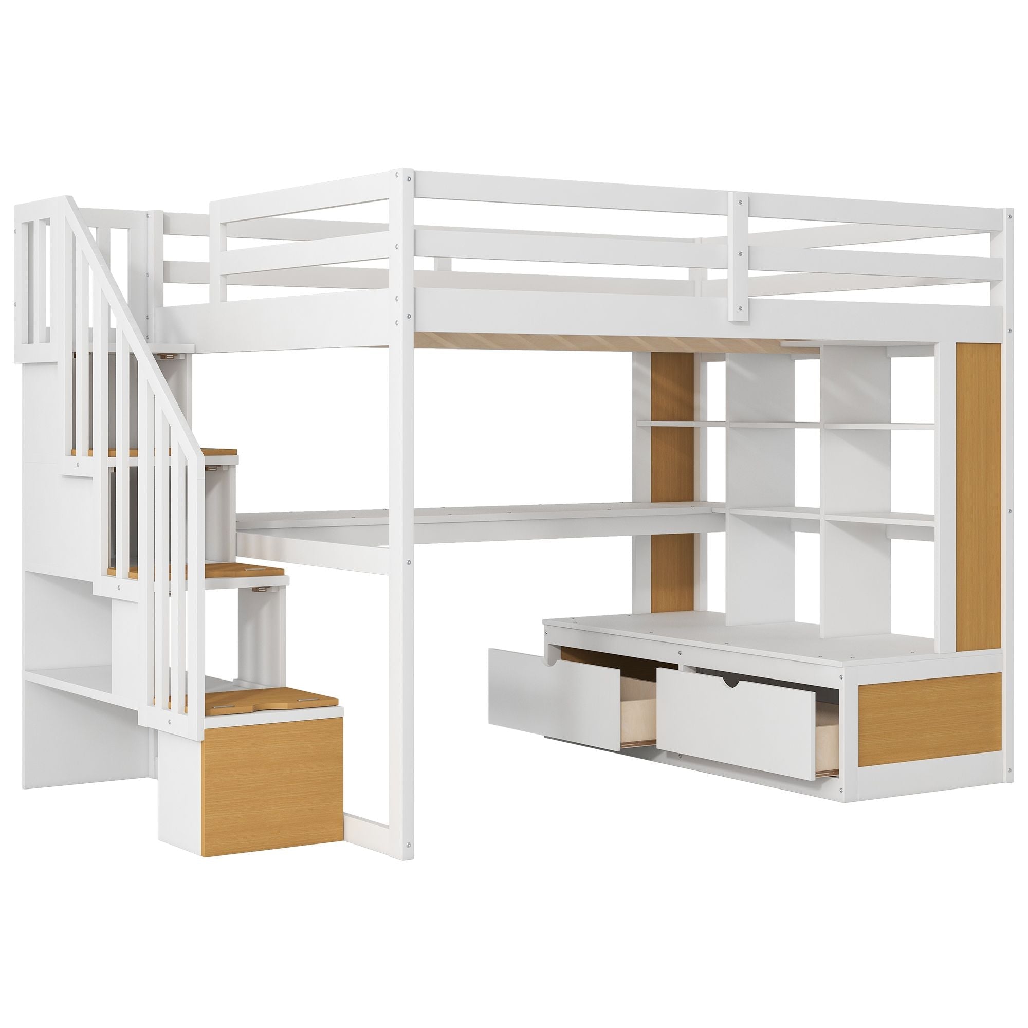 Full-Size Wood Loft Bed with Desk, Shelves, Drawers, Storage Staircase White and Natural | Just Better Bunk Beds - View 11