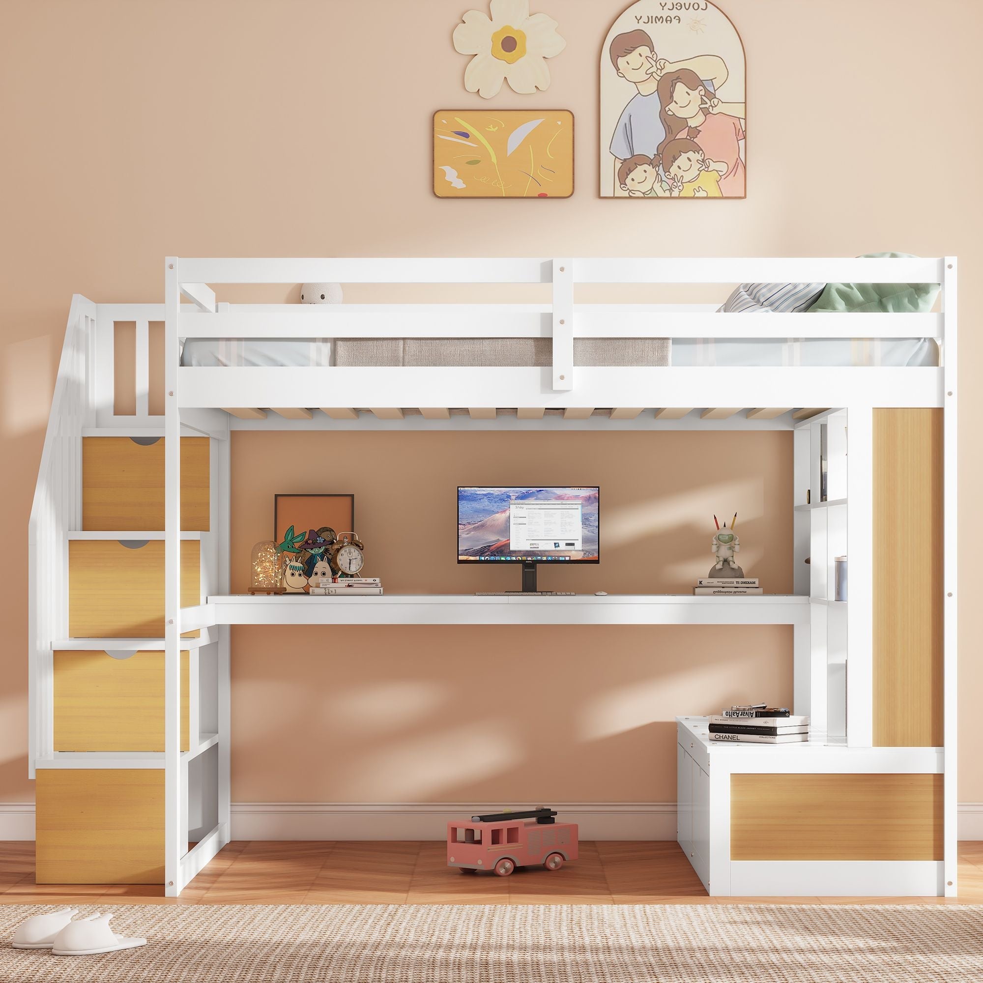 Full-Size Wood Loft Bed with Desk, Shelves, Drawers, Storage Staircase White and Natural | Just Better Bunk Beds - Side View