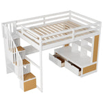 Full-Size Wood Loft Bed with Desk, Shelves, Drawers, Storage Staircase White and Natural | Just Better Bunk Beds - View 14