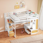 Full-Size Wood Loft Bed with Desk, Shelves, Drawers, Storage Staircase White and Natural | Just Better Bunk Beds - View 6
