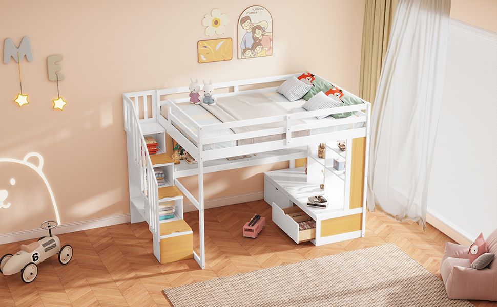 Full-Size Wood Loft Bed with Desk, Shelves, Drawers, Storage Staircase White and Natural | Just Better Bunk Beds - View 6