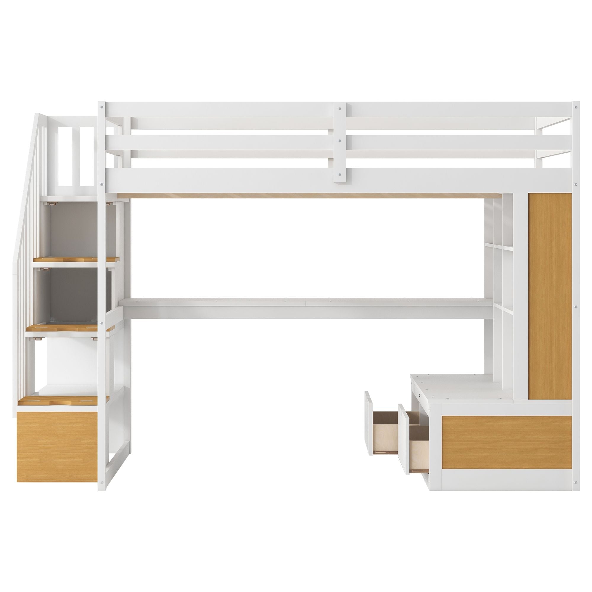 Full-Size Wood Loft Bed with Desk, Shelves, Drawers, Storage Staircase White and Natural | Just Better Bunk Beds - View 12