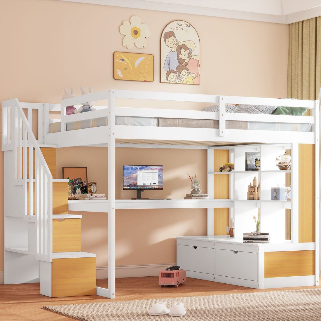 Full-Size Wood Loft Bed with Desk, Shelves, Drawers, Storage Staircase White and Natural | Just Better Bunk Beds - Front View