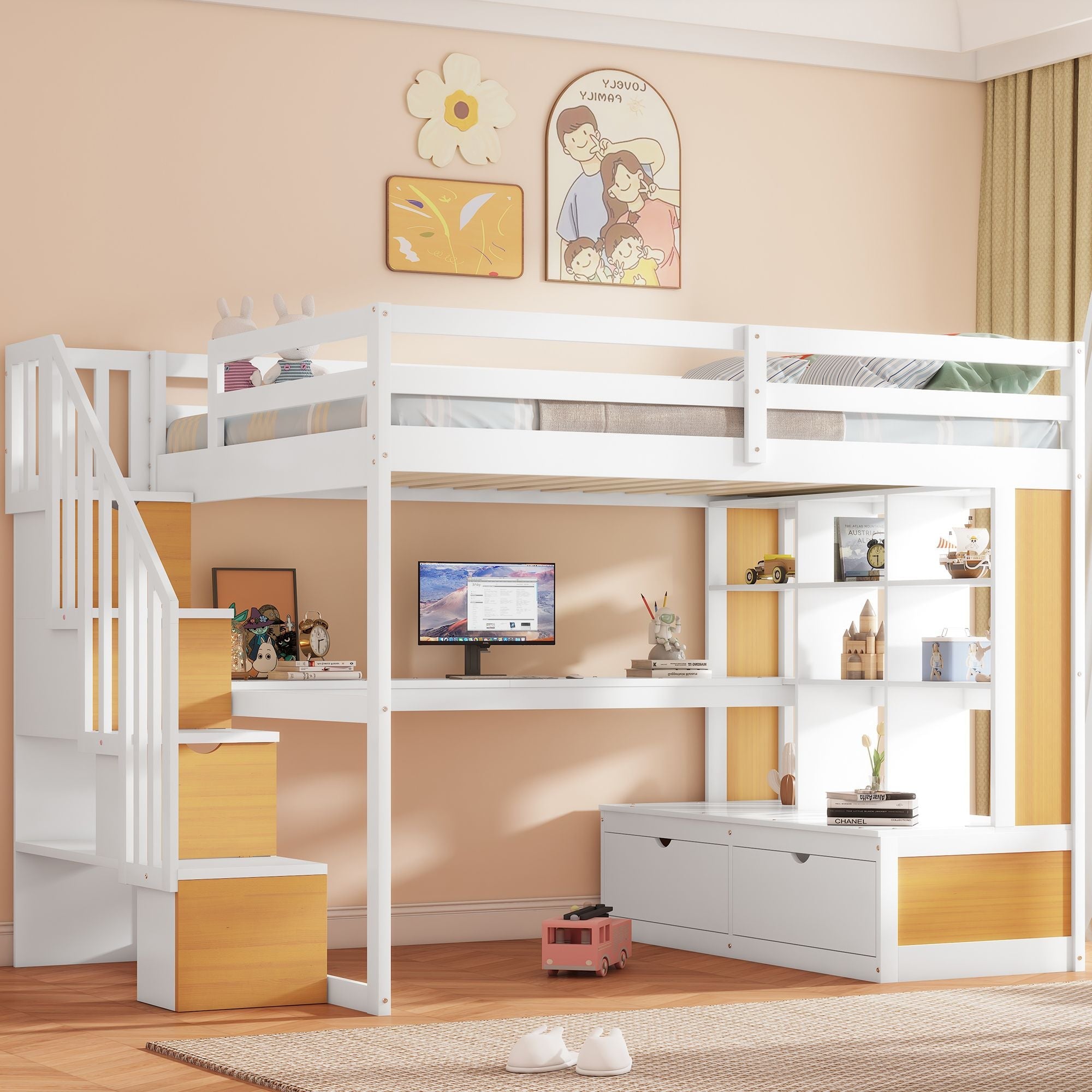 Full-Size Wood Loft Bed with Desk, Shelves, Drawers, Storage Staircase White and Natural | Just Better Bunk Beds - Front View