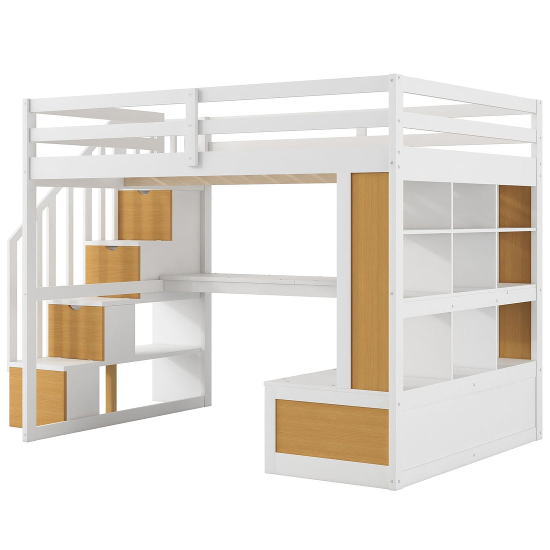 Full-Size Wood Loft Bed with Desk, Shelves, Drawers, Storage Staircase White and Natural | Just Better Bunk Beds - View 16