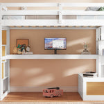 Full-Size Wood Loft Bed with Desk, Shelves, Drawers, Storage Staircase White and Natural | Just Better Bunk Beds - View 10