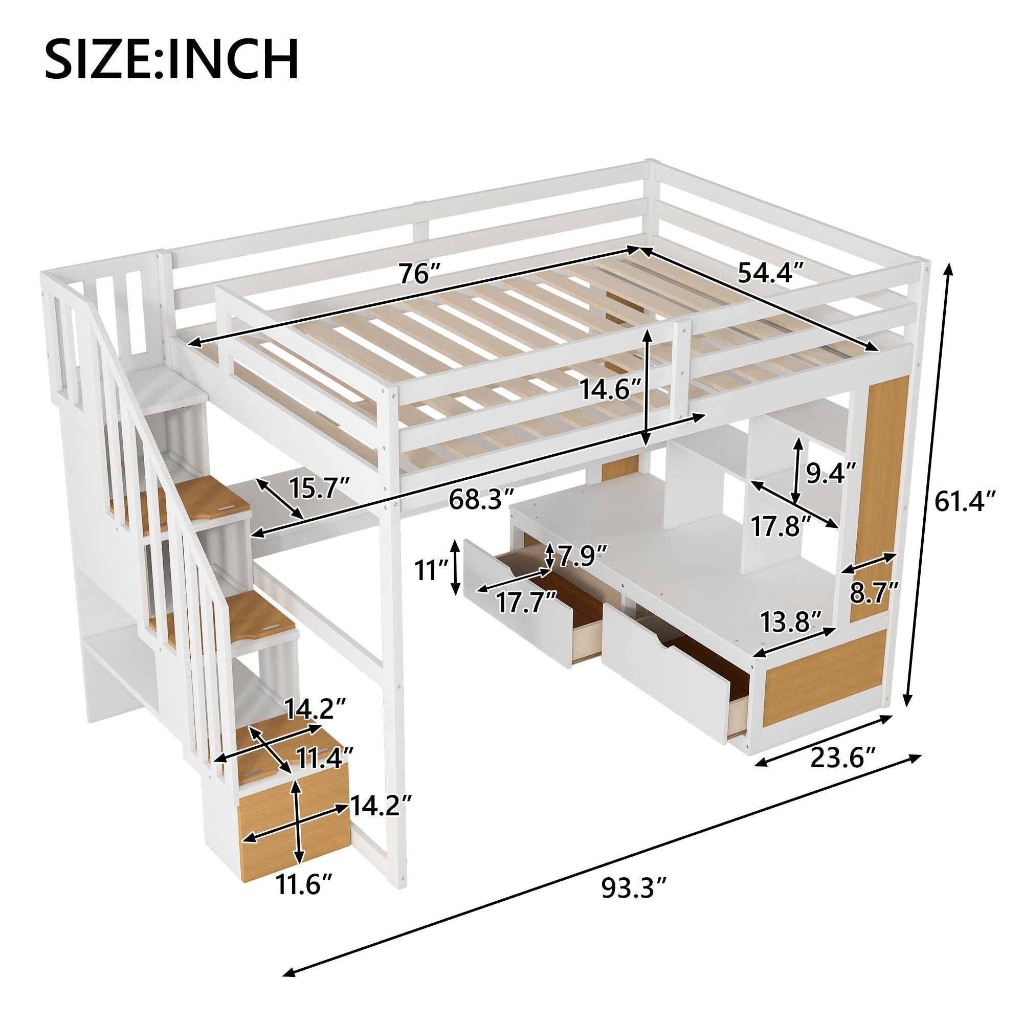 Full-Size Wood Loft Bed with Desk, Shelves, Drawers, Storage Staircase White and Natural | Just Better Bunk Beds - Assembly View