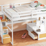 Full-Size Wood Loft Bed with Desk, Shelves, Drawers, Storage Staircase White and Natural | Just Better Bunk Beds - View 8