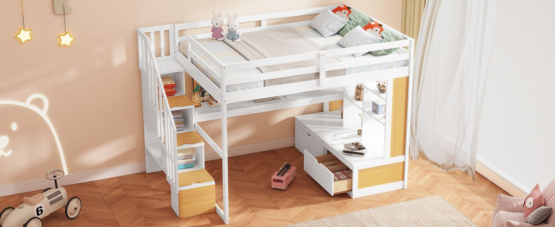 Full-Size Wood Loft Bed with Desk, Shelves, Drawers, Storage Staircase White and Natural | Just Better Bunk Beds - View 8