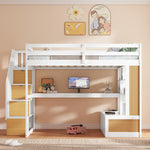 Full-Size Wood Loft Bed with Desk, Shelves, Drawers, Storage Staircase White and Natural | Just Better Bunk Beds - View 5