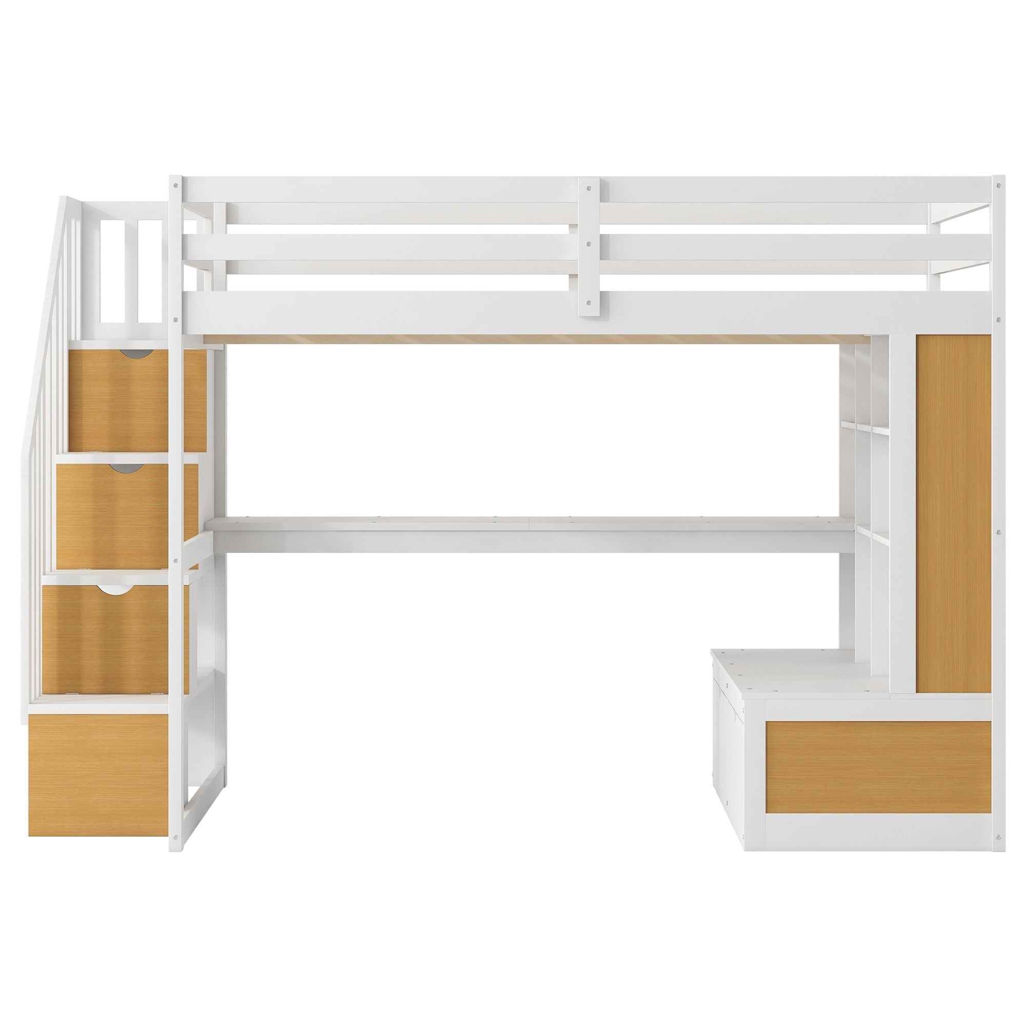 Full-Size Wood Loft Bed with Desk, Shelves, Drawers, Storage Staircase White and Natural | Just Better Bunk Beds - View 18