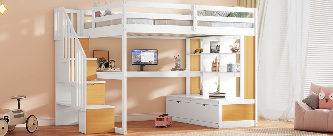 Full-Size Wood Loft Bed with Desk, Shelves, Drawers, Storage Staircase White and Natural | Just Better Bunk Beds - View 9