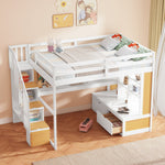 Full-Size Wood Loft Bed with Desk, Shelves, Drawers, Storage Staircase White and Natural | Just Better Bunk Beds - Detail View
