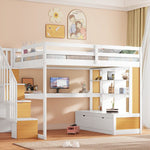 Full-Size Wood Loft Bed with Desk, Shelves, Drawers, Storage Staircase White and Natural | Just Better Bunk Beds - View 7