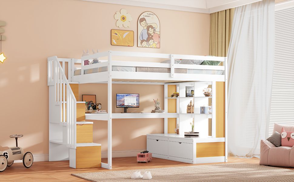Full-Size Wood Loft Bed with Desk, Shelves, Drawers, Storage Staircase White and Natural | Just Better Bunk Beds - View 7