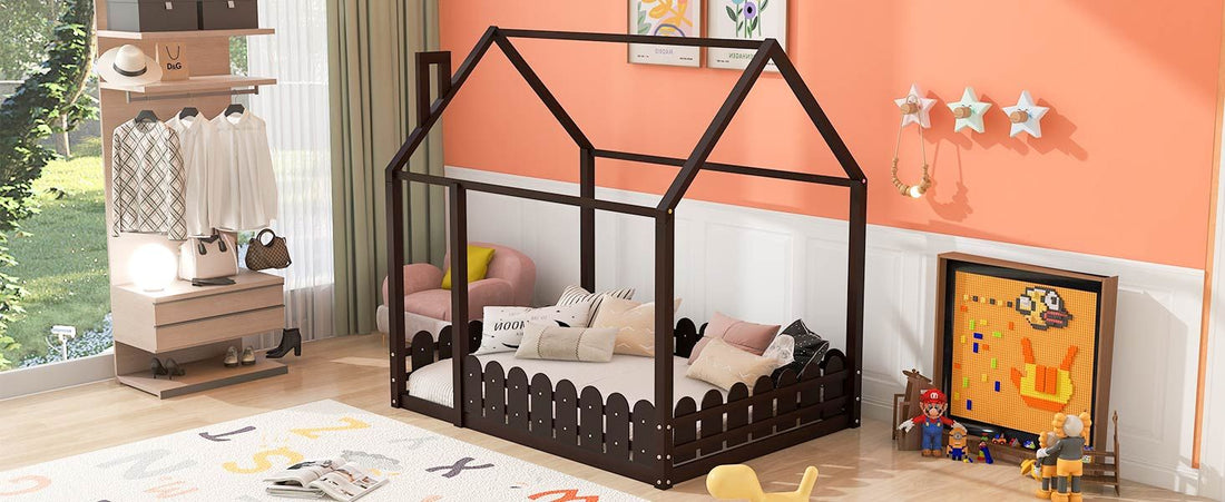 Full-Size Wooden Kids Bed with Protective Fence, House-Shaped Design in White, Gray, Espresso | Just Better Bunk Beds - View 42