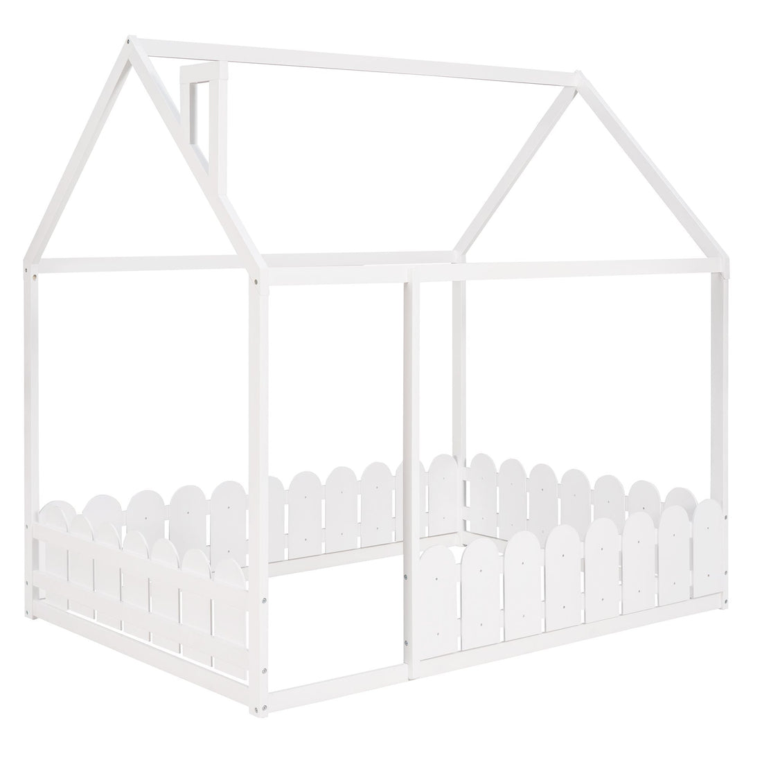 Full-Size Wooden Kids Bed with Protective Fence, House-Shaped Design in White, Gray, Espresso | Just Better Bunk Beds - View 9