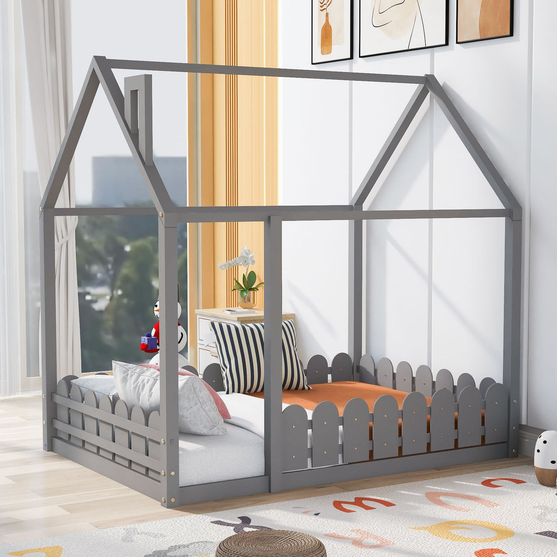 Full-Size Wooden Kids Bed with Protective Fence, House-Shaped Design in White, Gray, Espresso | Just Better Bunk Beds - View 15