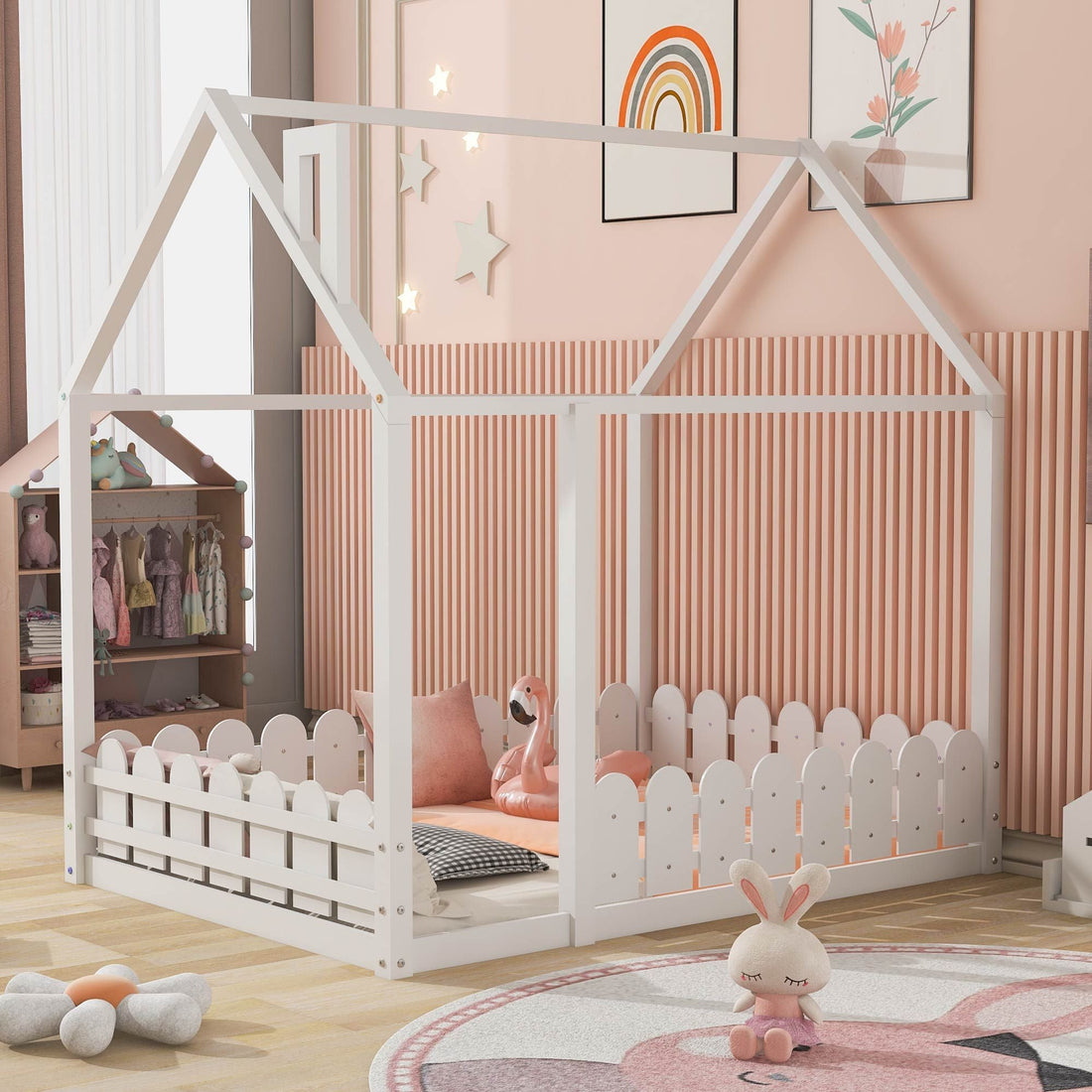 Full-Size Wooden Kids Bed with Protective Fence, House-Shaped Design in White, Gray, Espresso | Just Better Bunk Beds - Front View
