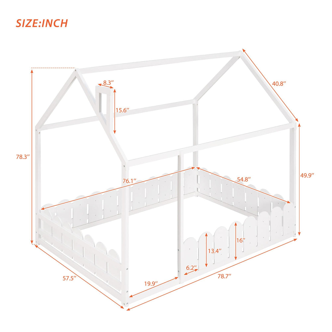 Full-Size Wooden Kids Bed with Protective Fence, House-Shaped Design in White, Gray, Espresso | Just Better Bunk Beds - Assembly View