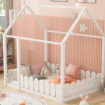Full-Size Wooden Kids Bed with Protective Fence, House-Shaped Design in White, Gray, Espresso | Just Better Bunk Beds - Detail View