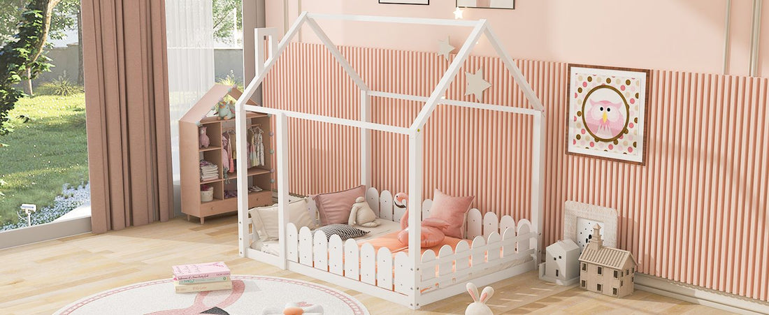 Full-Size Wooden Kids Bed with Protective Fence, House-Shaped Design in White, Gray, Espresso | Just Better Bunk Beds - Detail View
