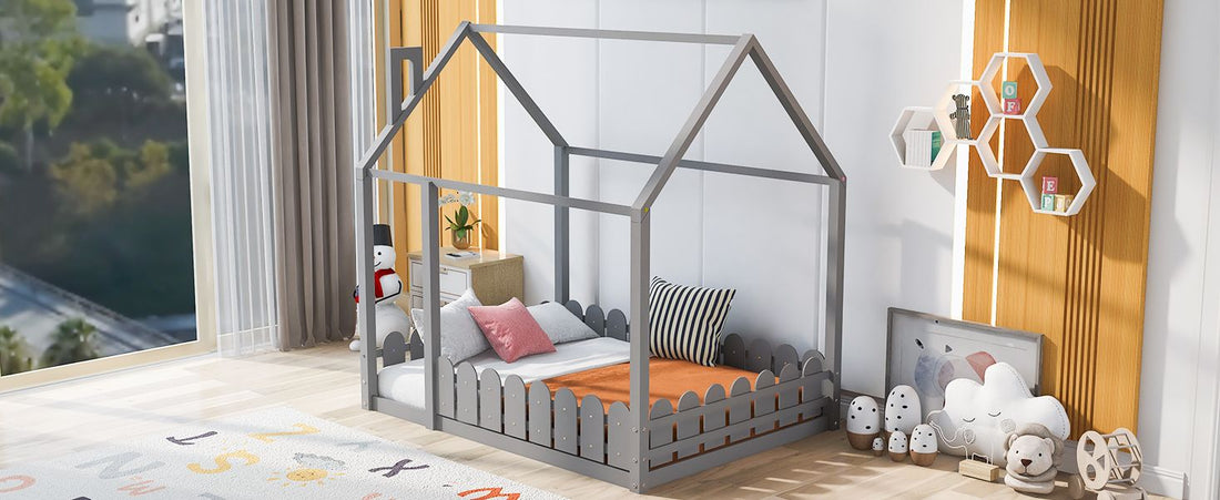 Full-Size Wooden Kids Bed with Protective Fence, House-Shaped Design in White, Gray, Espresso | Just Better Bunk Beds - View 27