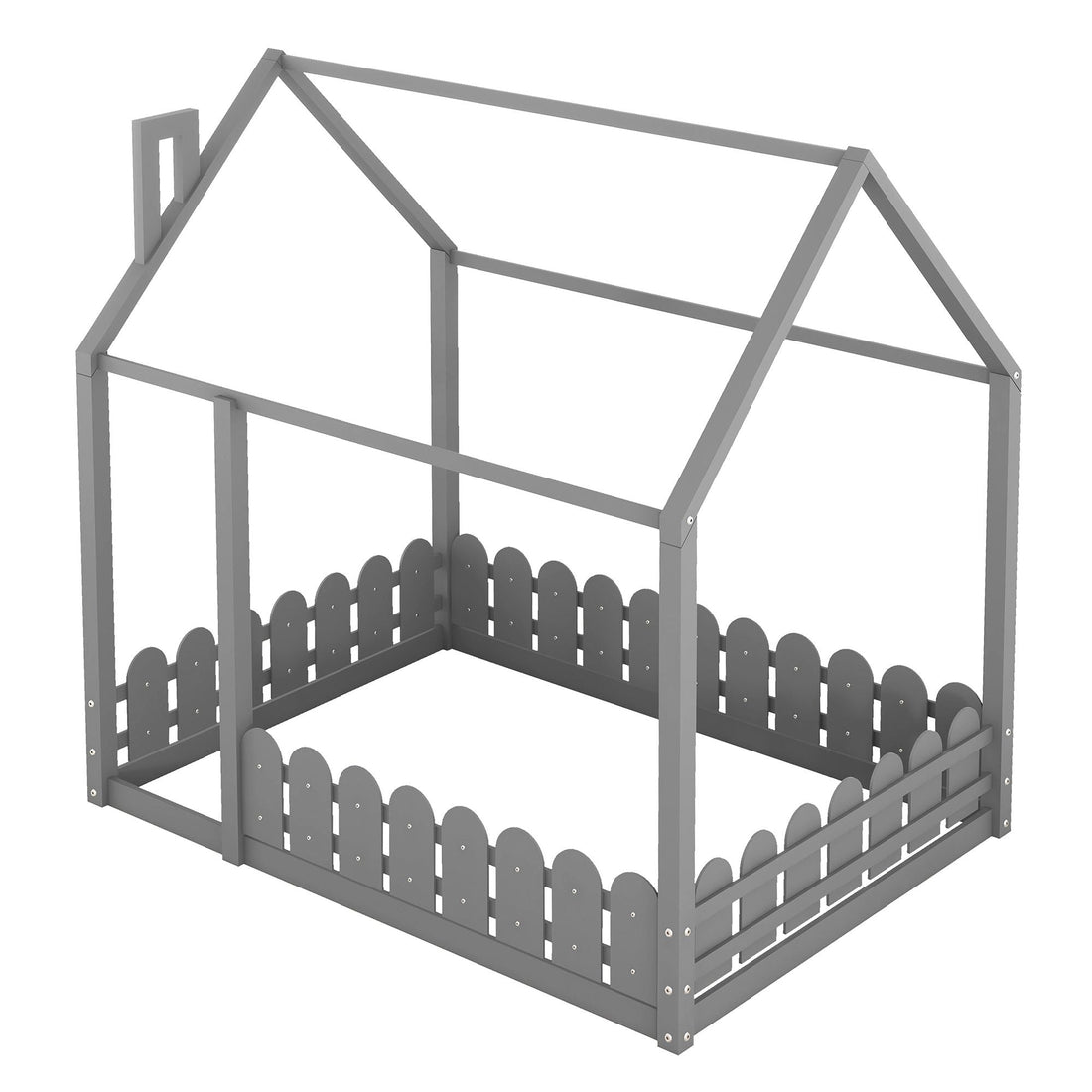 Full-Size Wooden Kids Bed with Protective Fence, House-Shaped Design in White, Gray, Espresso | Just Better Bunk Beds - View 18