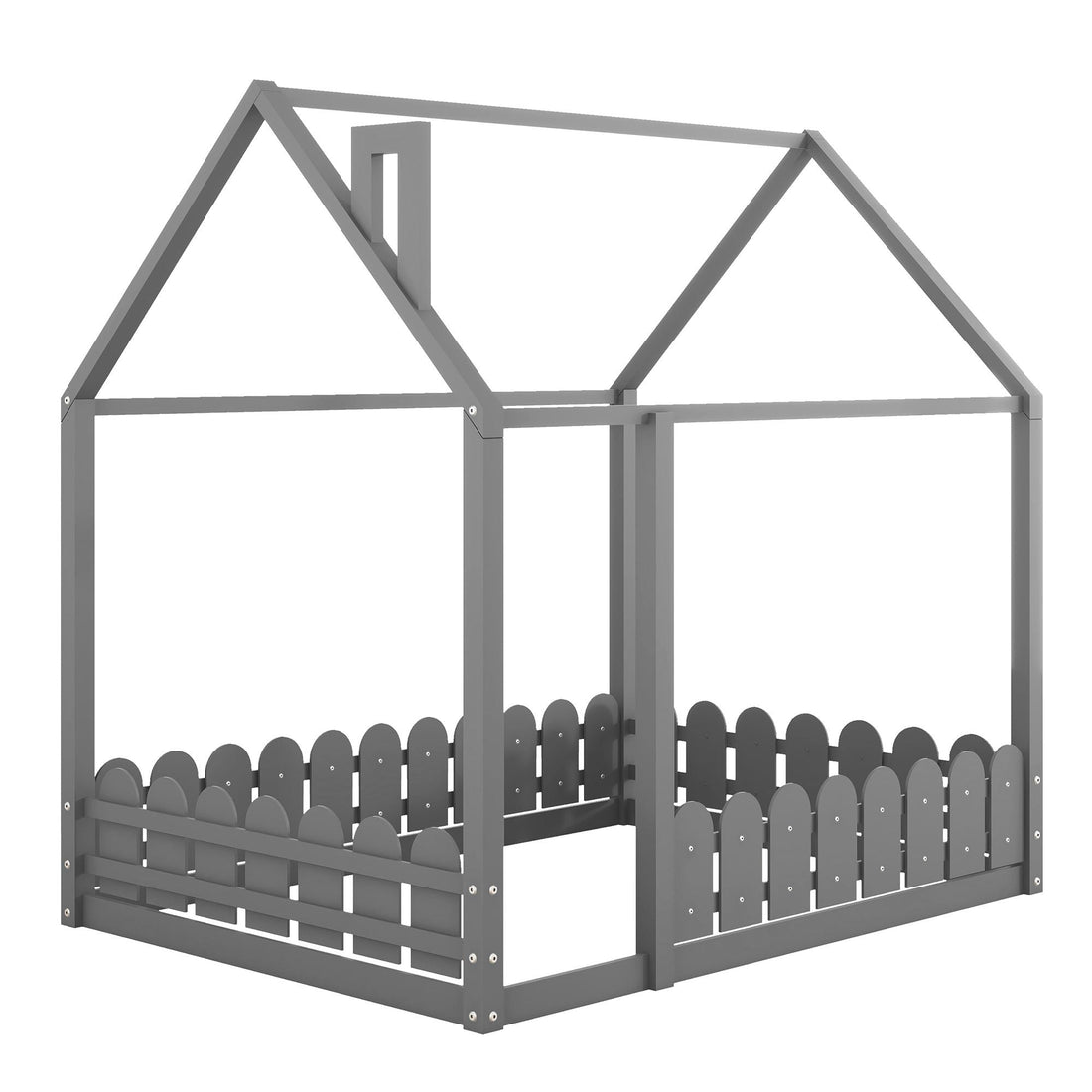 Full-Size Wooden Kids Bed with Protective Fence, House-Shaped Design in White, Gray, Espresso | Just Better Bunk Beds - View 28