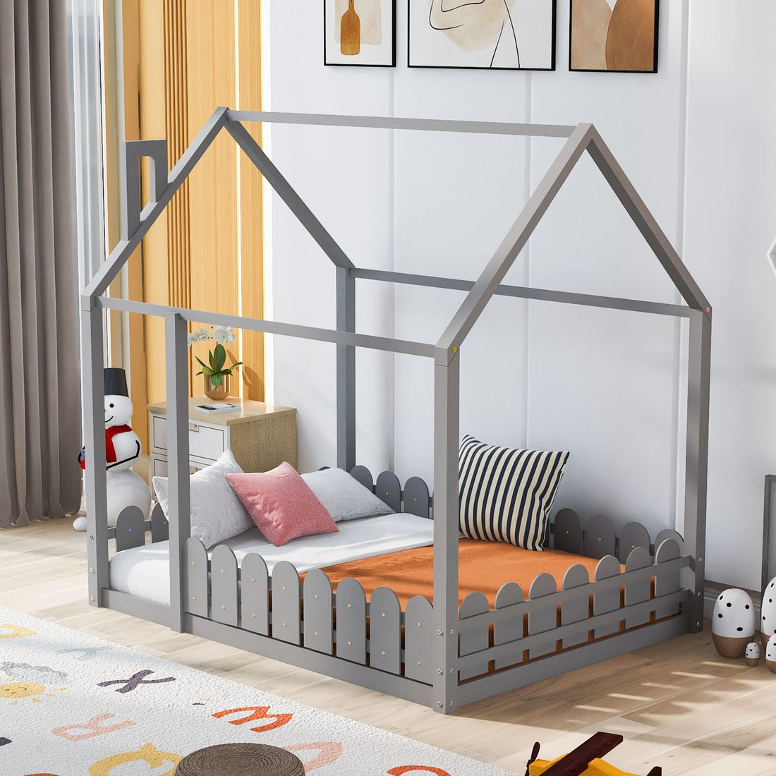 Full-Size Wooden Kids Bed with Protective Fence, House-Shaped Design in White, Gray, Espresso | Just Better Bunk Beds - View 17