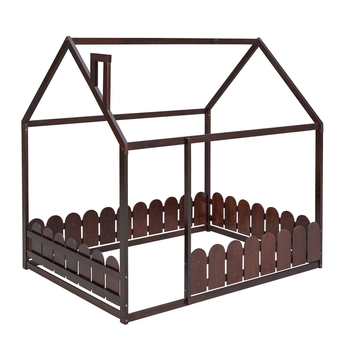 Full-Size Wooden Kids Bed with Protective Fence, House-Shaped Design in White, Gray, Espresso | Just Better Bunk Beds - View 38