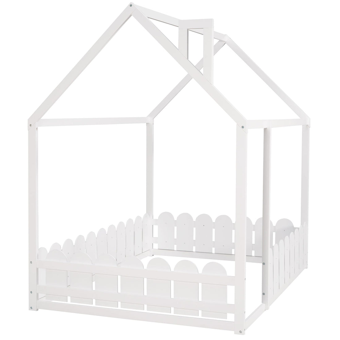 Full-Size Wooden Kids Bed with Protective Fence, House-Shaped Design in White, Gray, Espresso | Just Better Bunk Beds - View 11