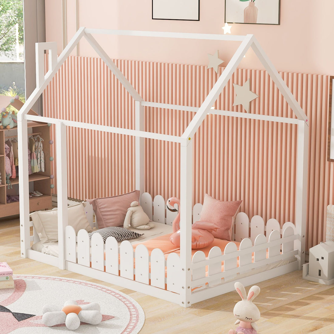 Full-Size Wooden Kids Bed with Protective Fence, House-Shaped Design in White, Gray, Espresso | Just Better Bunk Beds - Side View