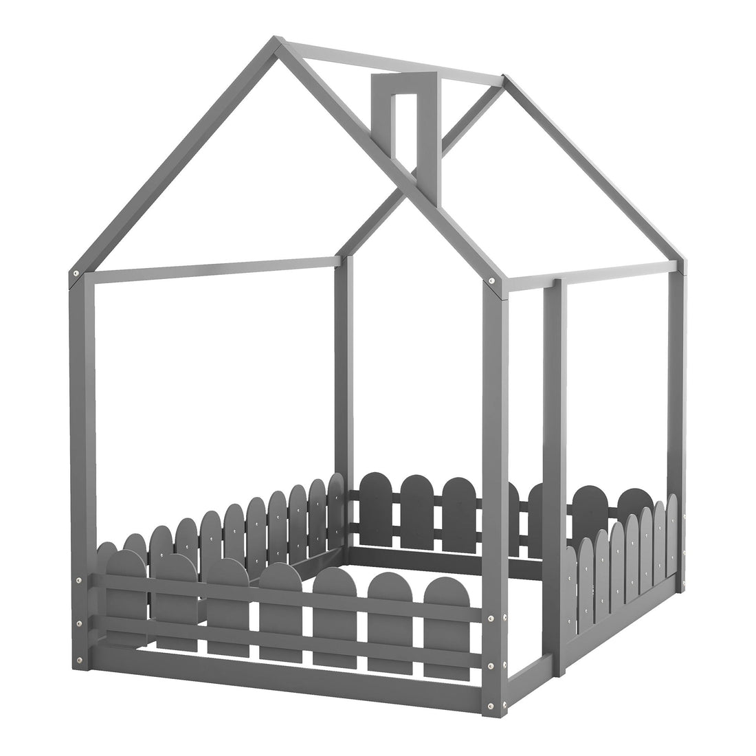 Full-Size Wooden Kids Bed with Protective Fence, House-Shaped Design in White, Gray, Espresso | Just Better Bunk Beds - View 22