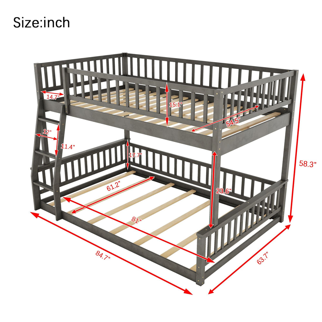 Full XL Over Queen Wood Bunk Bed with Ladder and Guardrails, Gray | Just Better Bunk Beds - View 7