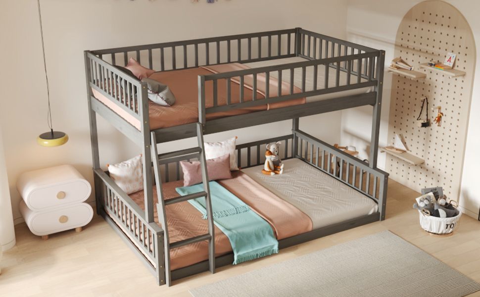 Full XL Over Queen Wood Bunk Bed with Ladder and Guardrails, Gray | Just Better Bunk Beds - View 6