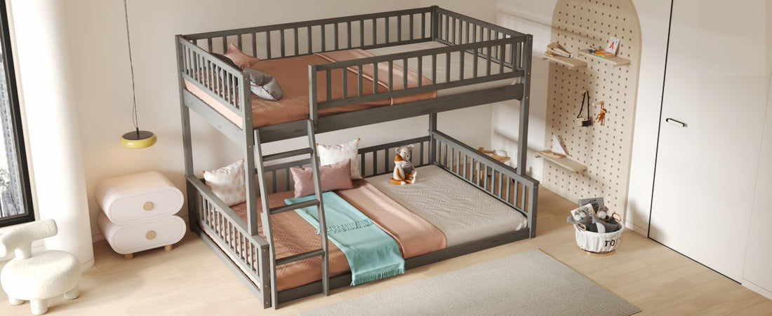 Full XL Over Queen Wood Bunk Bed with Ladder and Guardrails, Gray | Just Better Bunk Beds - View 5