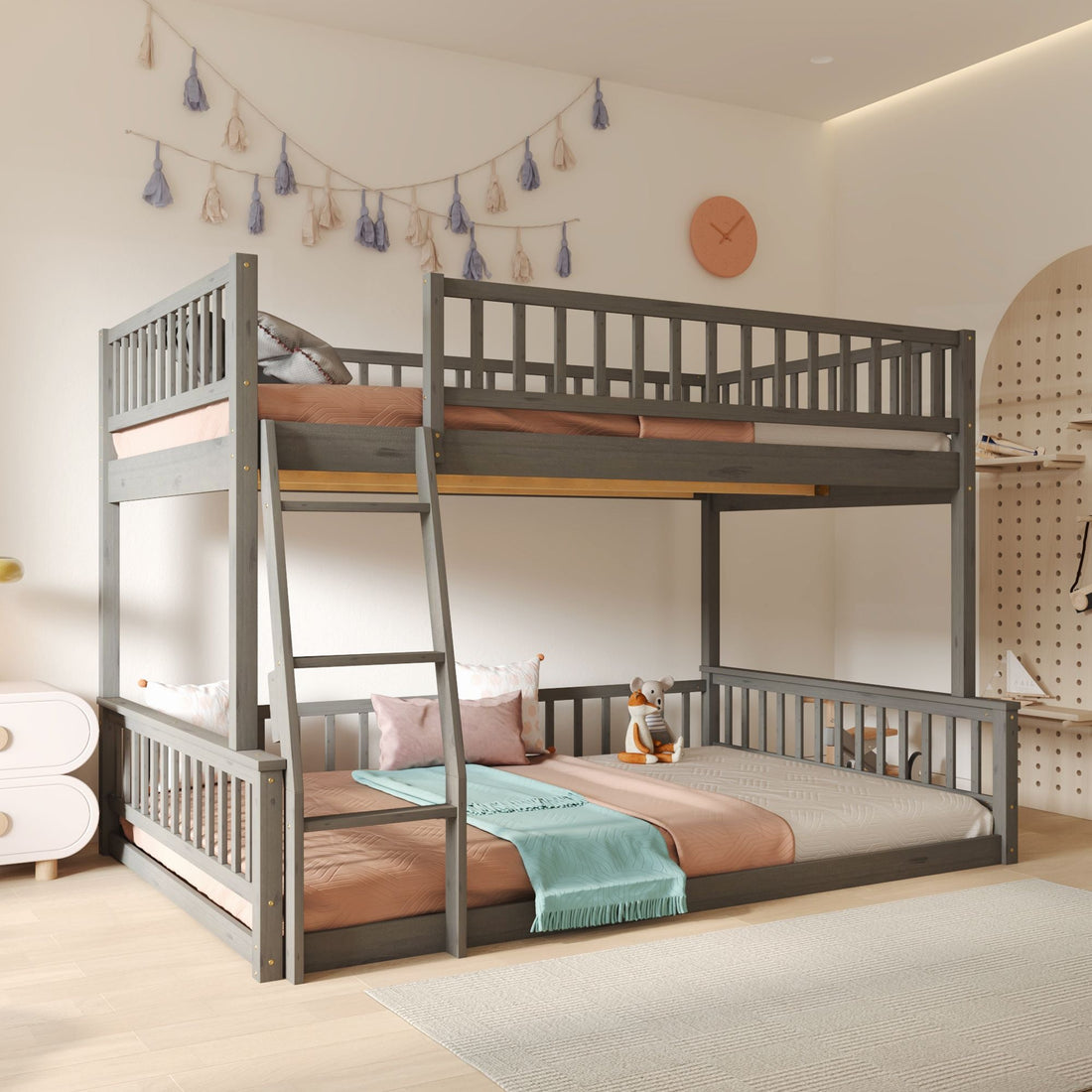 Full XL Over Queen Wood Bunk Bed with Ladder and Guardrails, Gray | Just Better Bunk Beds - Detail View