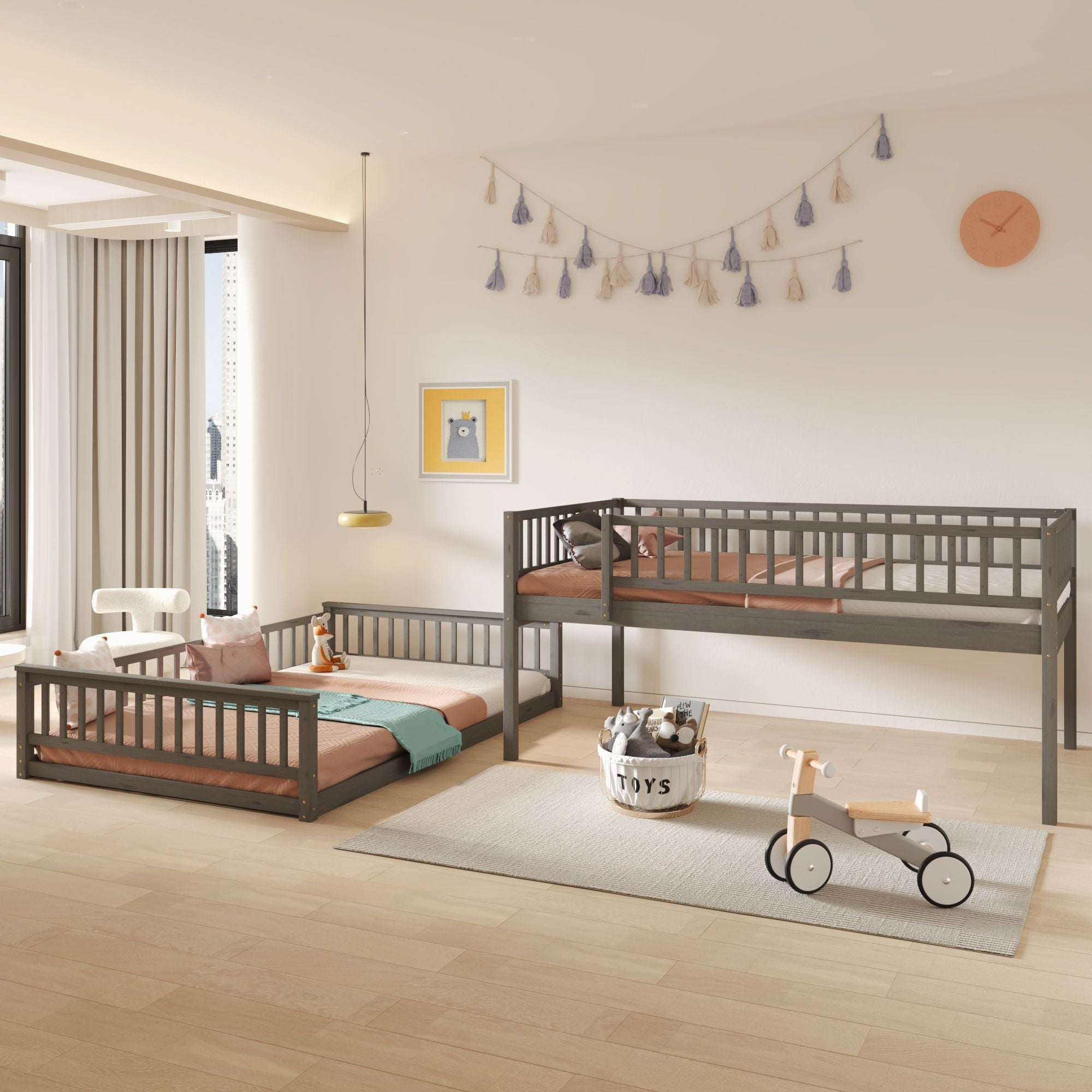 Full XL Over Queen Wood Bunk Bed with Ladder and Guardrails, Gray | Just Better Bunk Beds - Side View