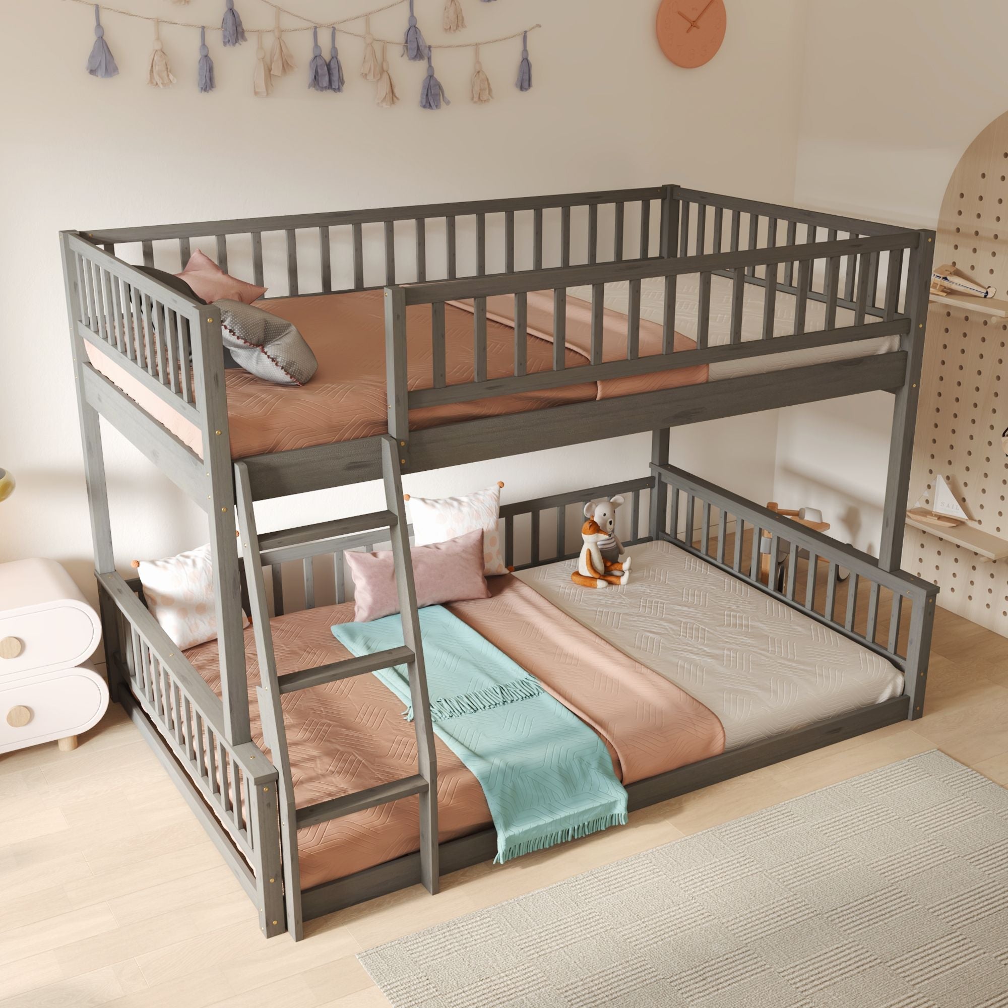 Full XL Over Queen Wood Bunk Bed with Ladder and Guardrails, Gray | Just Better Bunk Beds - Front View