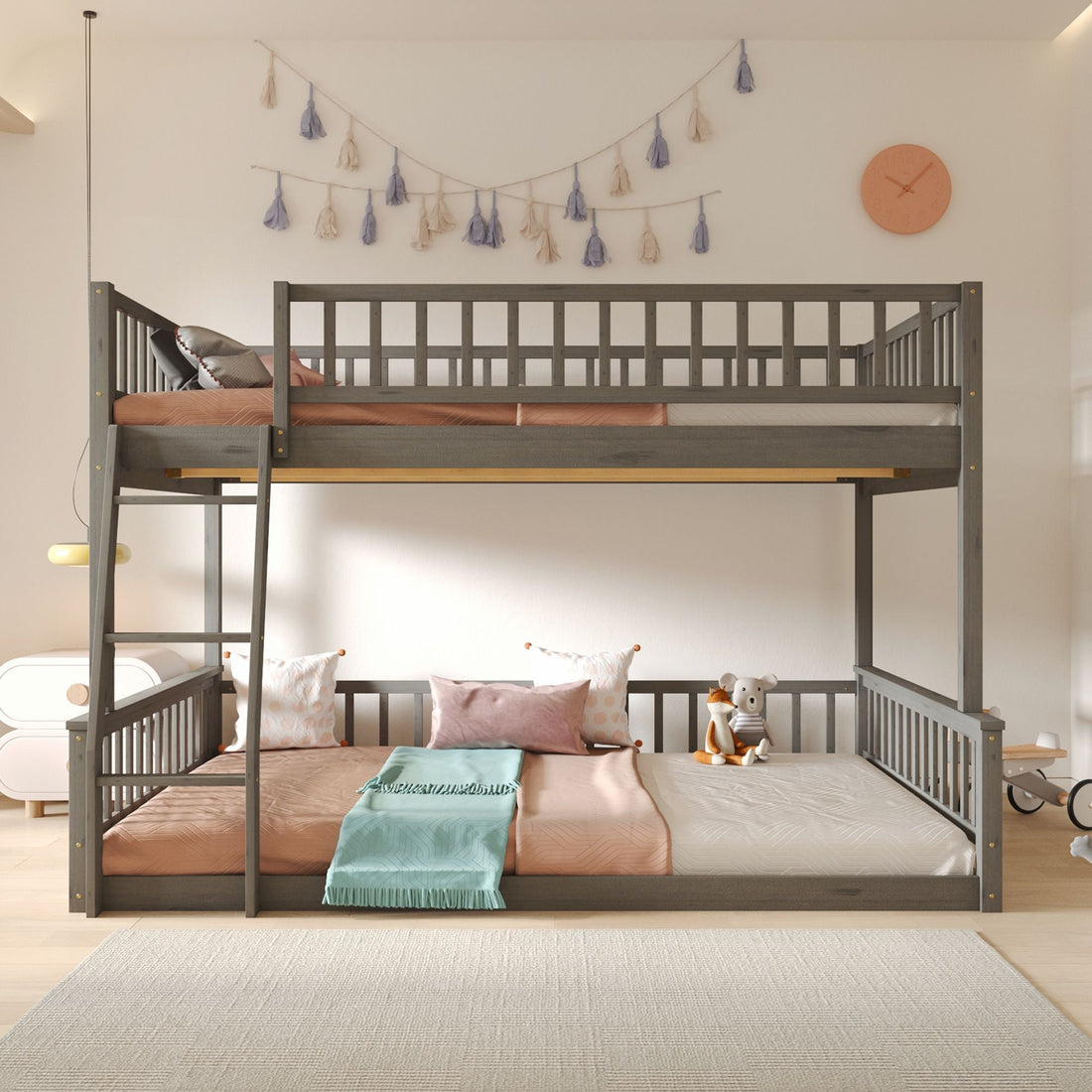 Full XL Over Queen Wood Bunk Bed with Ladder and Guardrails, Gray | Just Better Bunk Beds - Assembly View